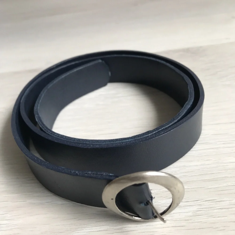 WOMENS NAVY LEATHER BELT SKINNY DRESS CASUAL ROUND BUCKLE BLUE SMALL